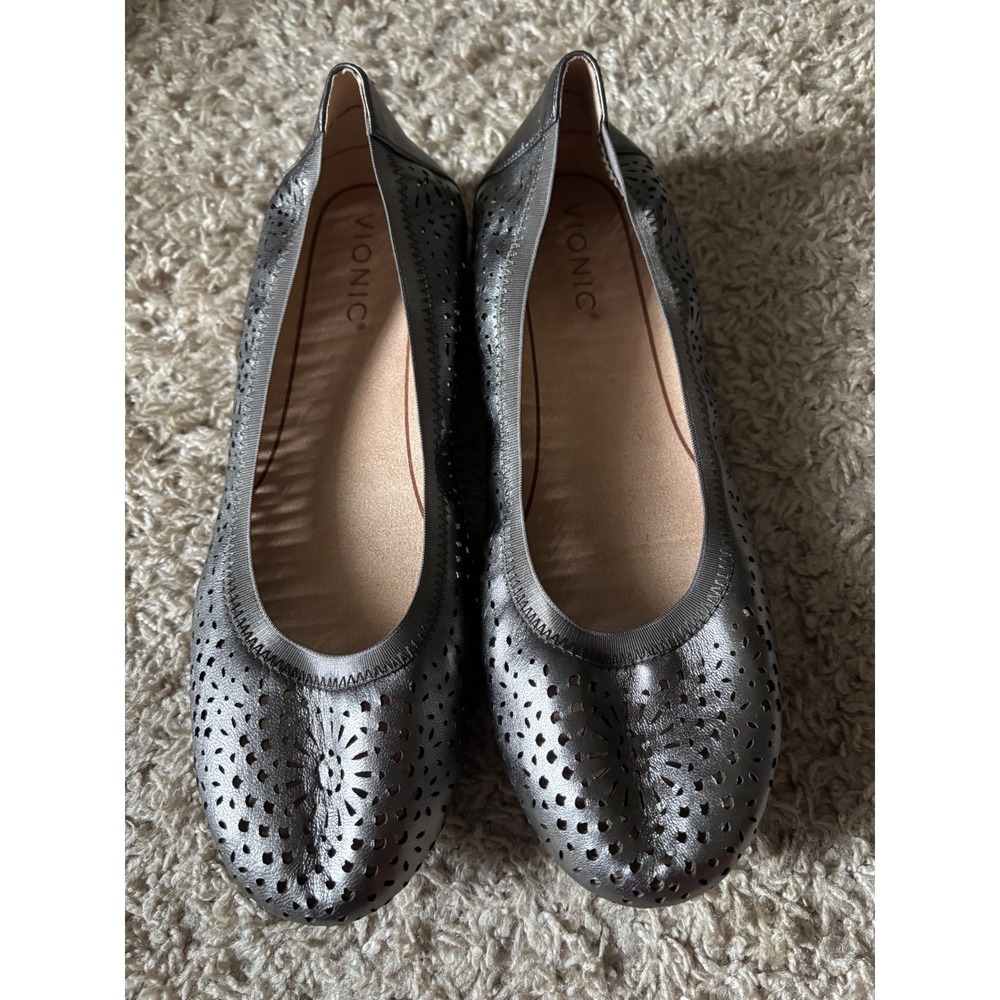 Vionic Robyn Metallic Gunmetal Perforated Leather Ballet Flats 8.5 Wide